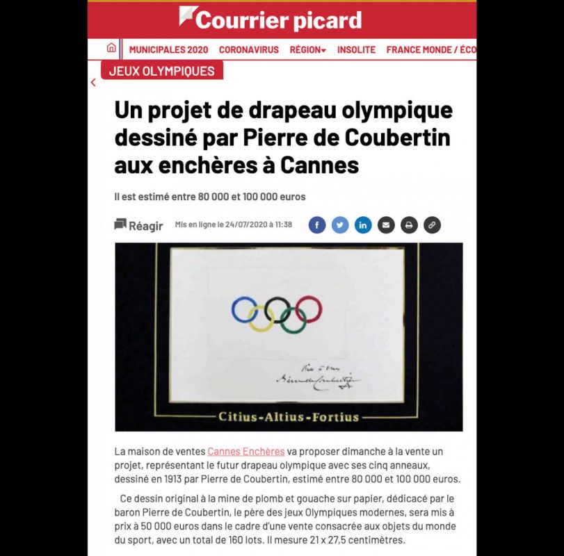 Courrier Picard - Un projet de drapeau olympique dessiné par Pierre de Coubertin aux enchères à Cannes