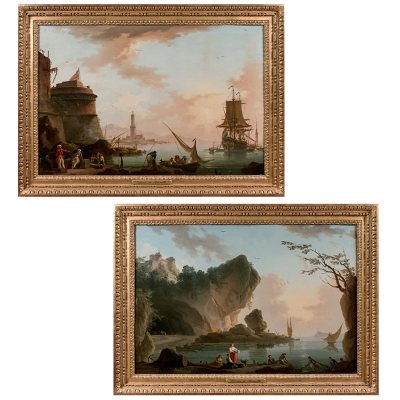 C.-F. LACROIX de MARSEILLE Vue d’un port avec un navire hollandais Pêcheurs relevant leurs filets près d’une grotte Paire de toiles vendu 260 350,00 € le 28/07/2023